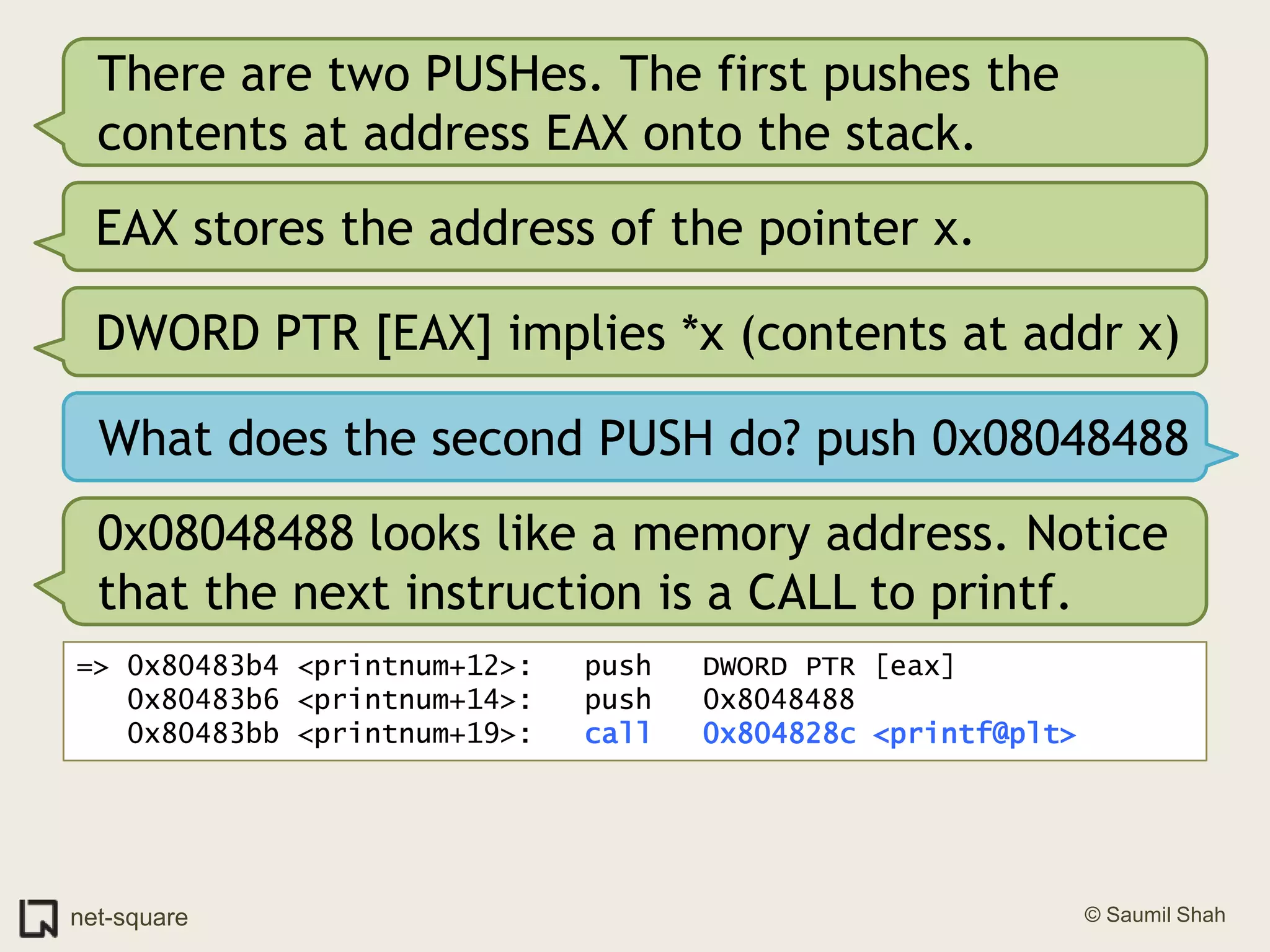 There are two PUSHes. The first pushes the contents at address EAX onto the stack.EAX stores the address of the pointer x.DWORD PTR [EAX] implies *x (contents at addr x)What does the second PUSH do? push 0x080484880x08048488 looks like a memory address. Notice that the next instruction is a CALL to printf.=> 0x80483b4 <printnum+12>:	push   DWORD PTR [eax]   0x80483b6 <printnum+14>:	push   0x8048488   0x80483bb <printnum+19>:	call   0x804828c <printf@plt>