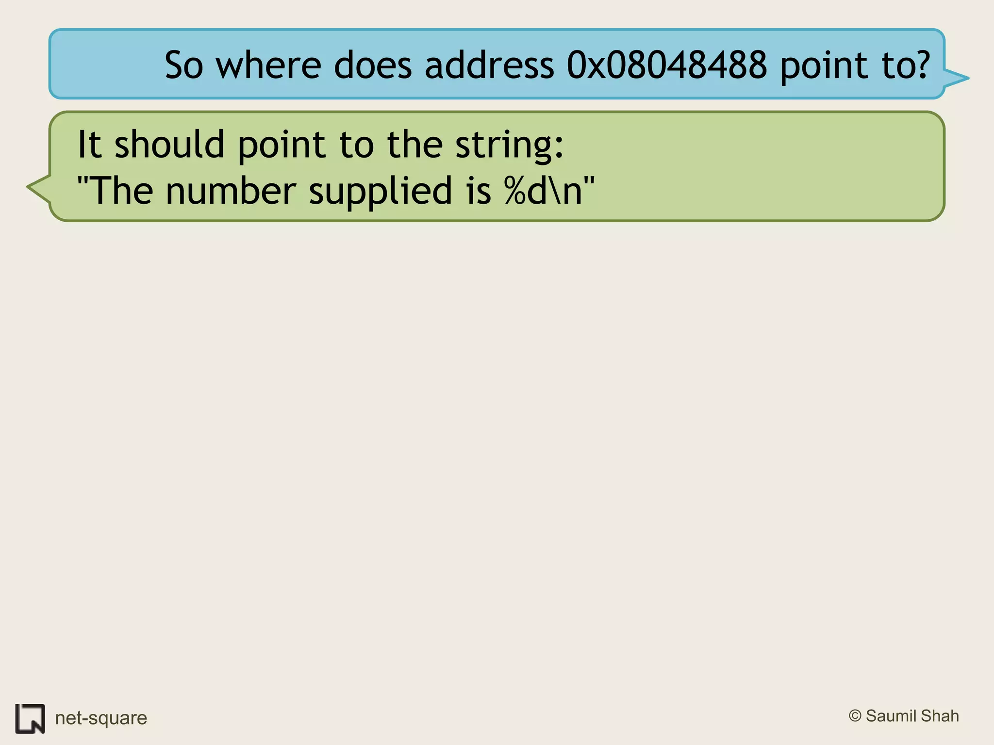 So where does address 0x08048488 point to?It should point to the string:"The number supplied is %d\n"