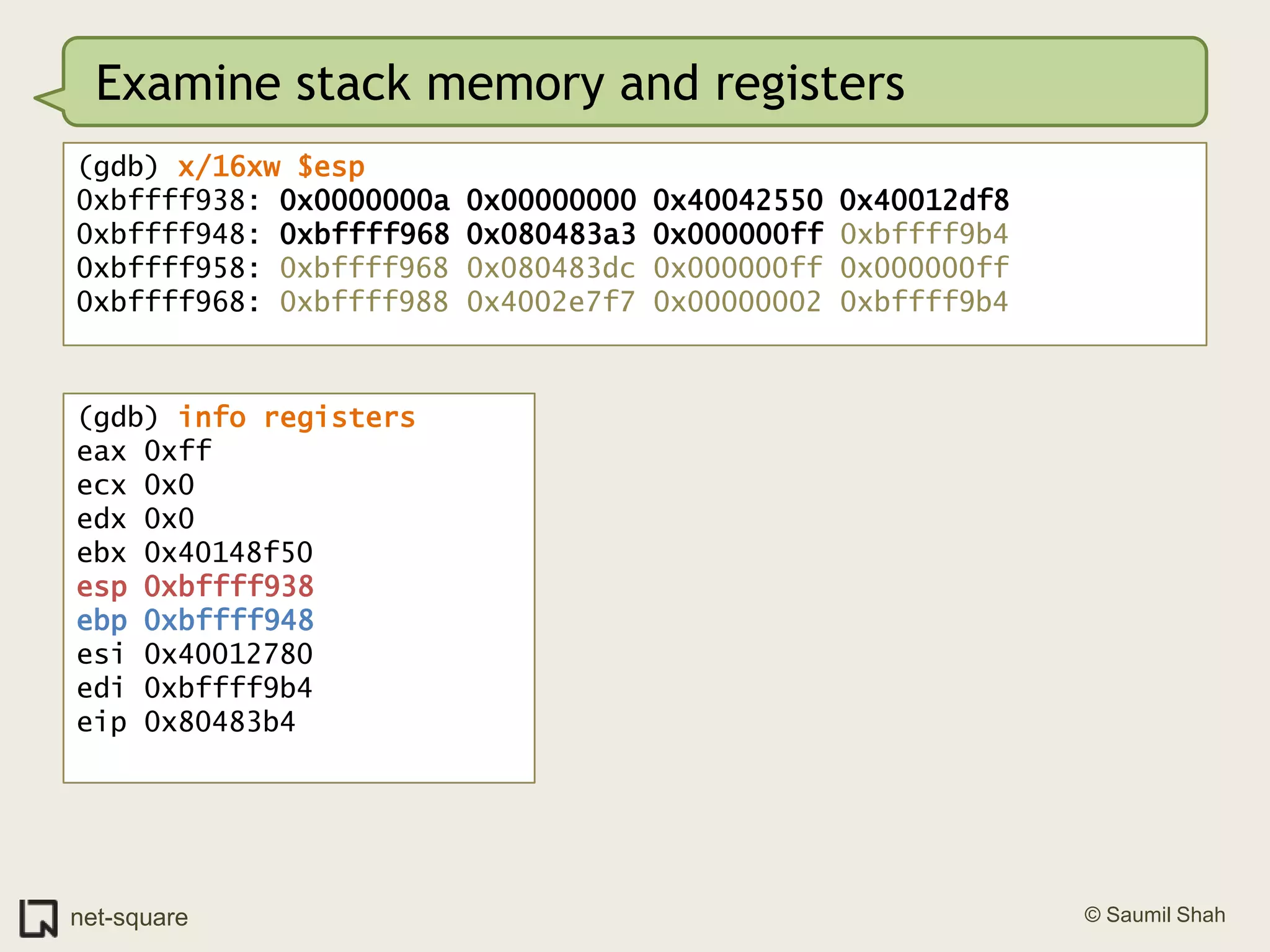 Examine stack memory and registers(gdb) x/16xw $esp0xbffff938: 0x0000000a 0x00000000 0x40042550 0x40012df80xbffff948: 0xbffff968 0x080483a3 0x000000ff 0xbffff9b40xbffff958: 0xbffff968 0x080483dc 0x000000ff 0x000000ff0xbffff968: 0xbffff988 0x4002e7f7 0x00000002 0xbffff9b4(gdb) info registerseax 0xffecx 0x0edx 0x0ebx 0x40148f50esp 0xbffff938ebp 0xbffff948esi 0x40012780edi 0xbffff9b4eip 0x80483b4