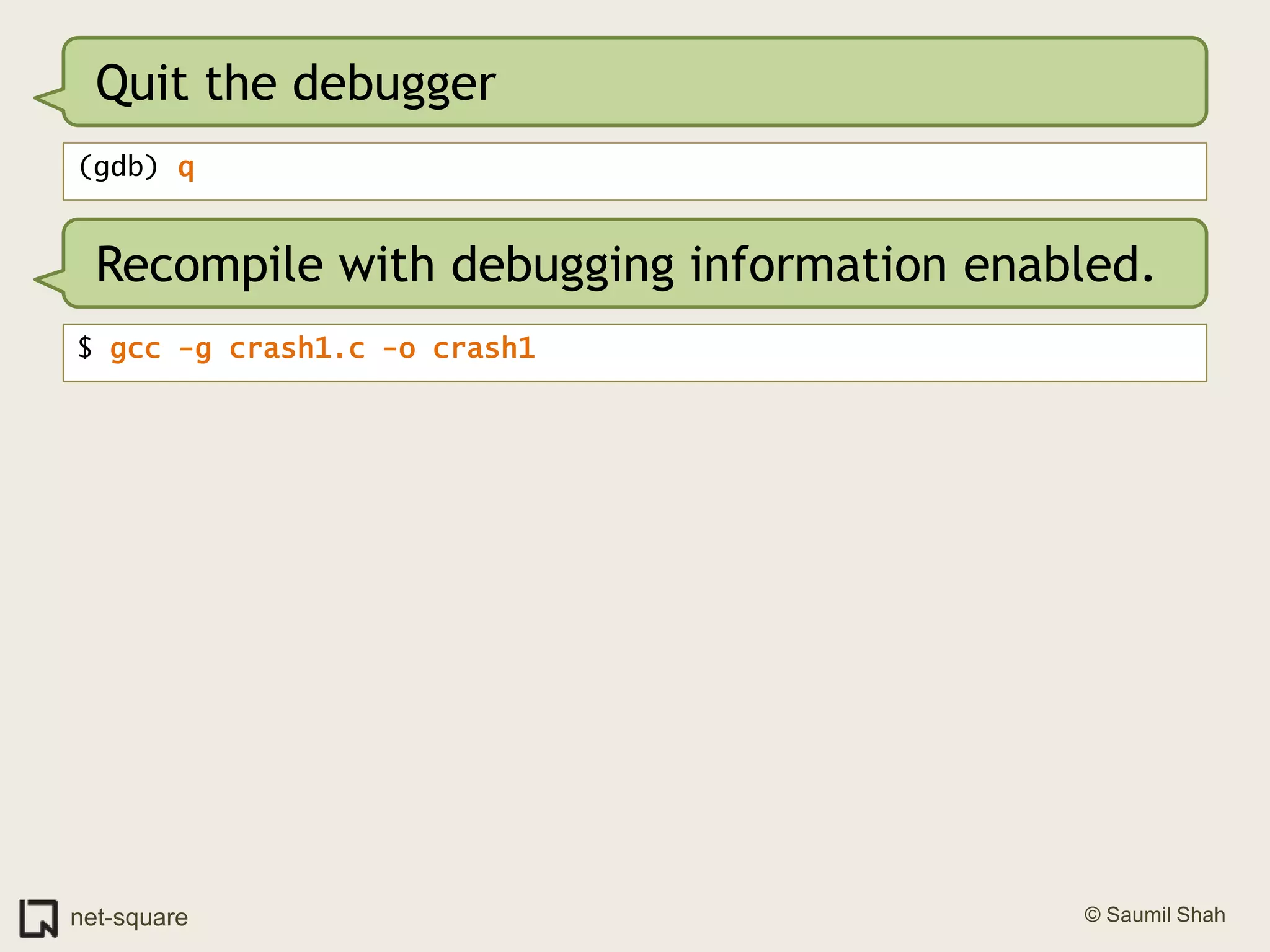 Quit the debugger(gdb) qRecompile with debugging information enabled.$ gcc -g crash1.c -o crash1