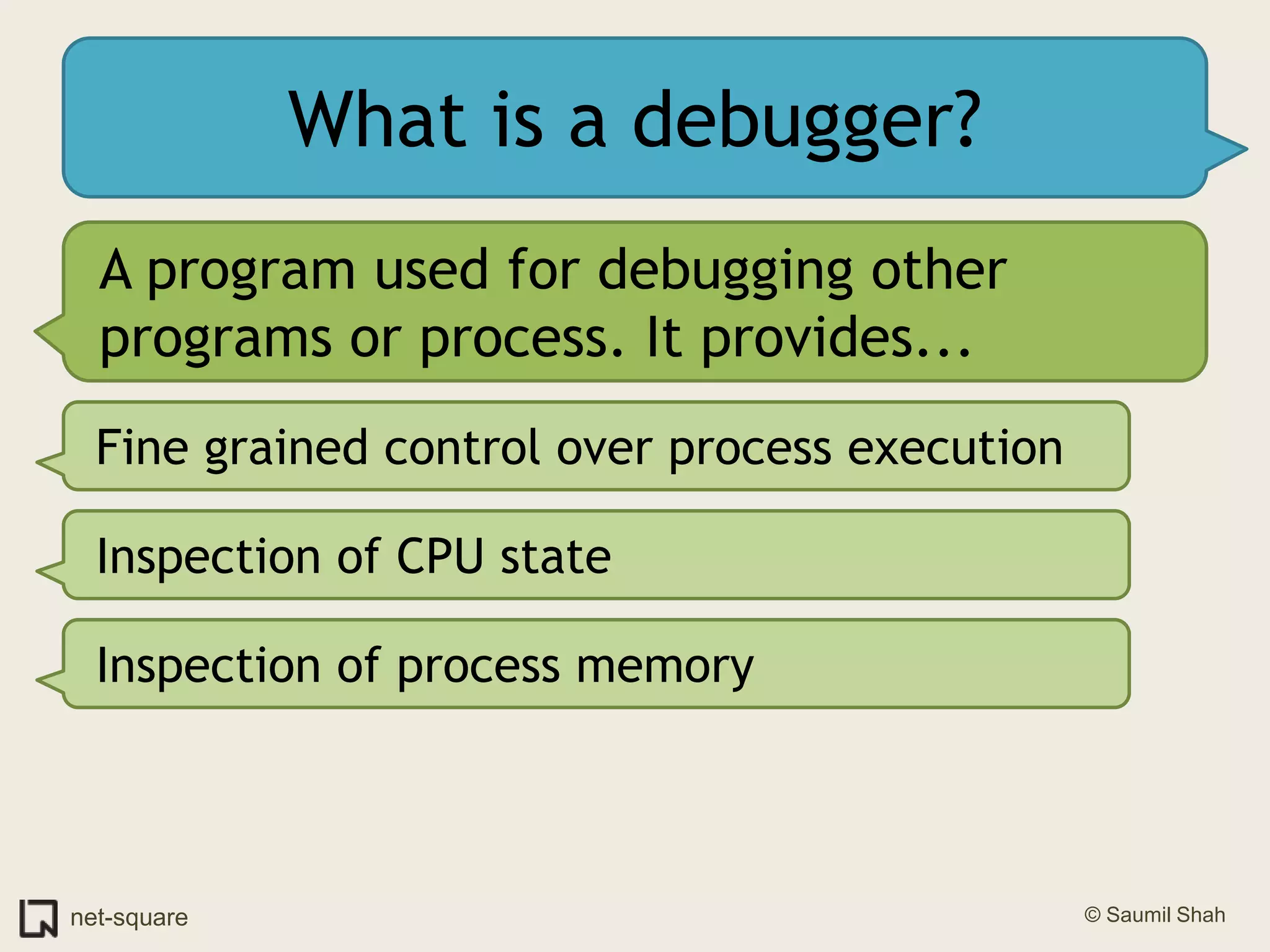 What is a debugger?A program used for debugging other programs or process. It provides...Fine grained control over process executionInspection of CPU stateInspection of process memory