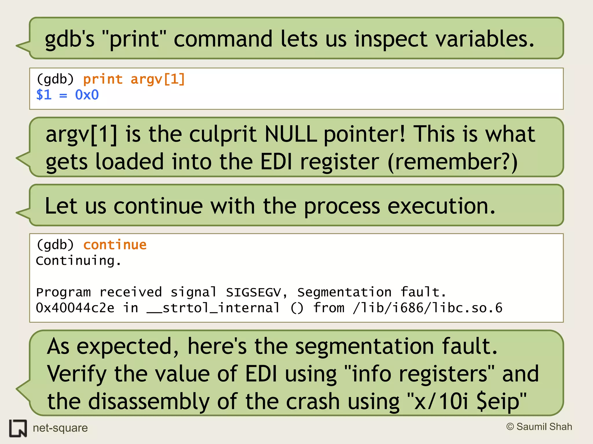 gdb's "print" command lets us inspect variables.(gdb) print argv[1]$1 = 0x0argv[1] is the culprit NULL pointer! This is what gets loaded into the EDI register (remember?)Let us continue with the process execution.(gdb) continueContinuing.Program received signal SIGSEGV, Segmentation fault.0x40044c2e in __strtol_internal () from /lib/i686/libc.so.6As expected, here's the segmentation fault. Verify the value of EDI using "info registers" and the disassembly of the crash using "x/10i $eip"