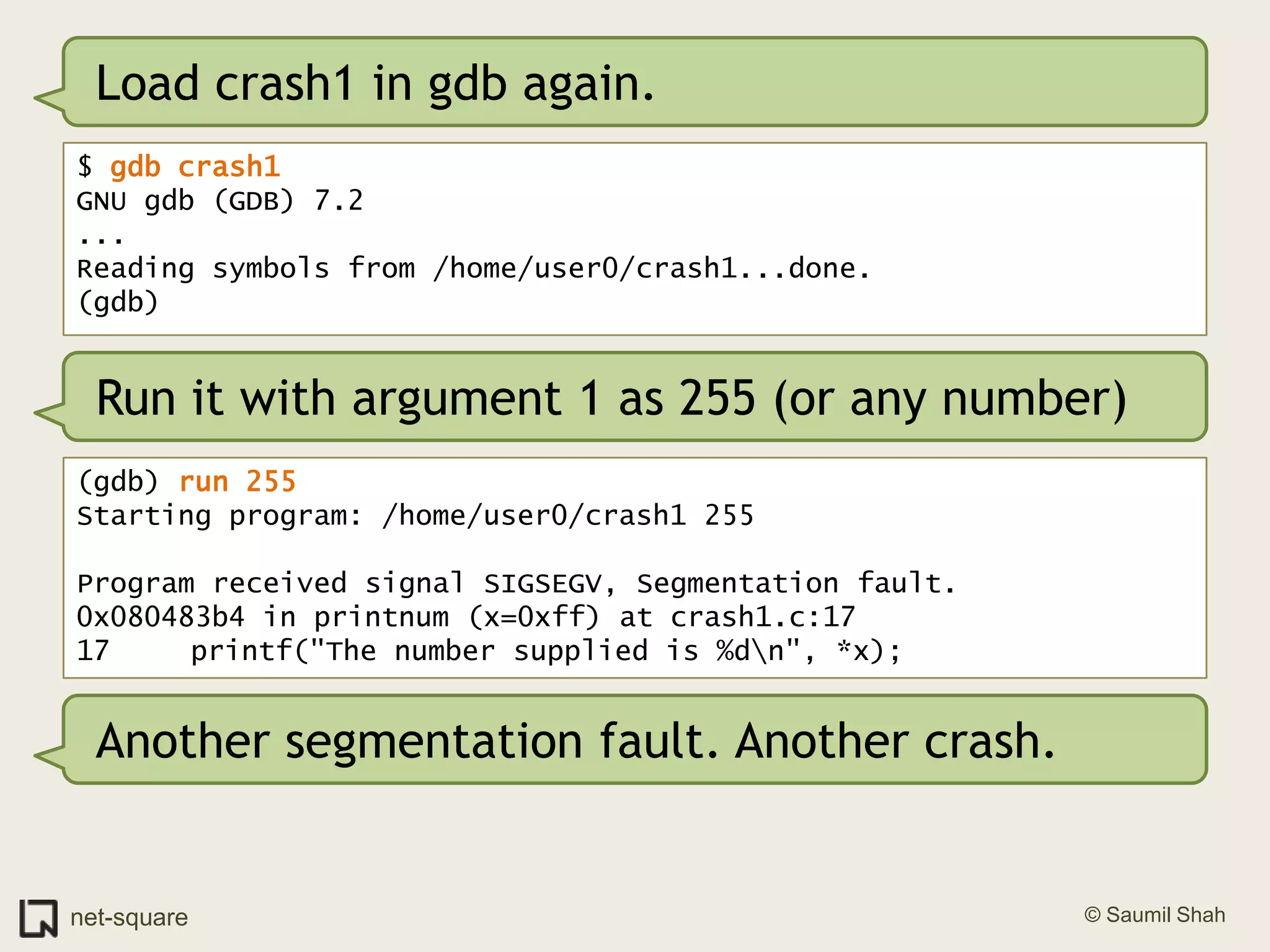 Load crash1 in gdb again.$ gdb crash1GNU gdb (GDB) 7.2...Reading symbols from /home/user0/crash1...done.(gdb)Run it with argument 1 as 255 (or any number)(gdb) run 255Starting program: /home/user0/crash1 255Program received signal SIGSEGV, Segmentation fault.0x080483b4 in printnum (x=0xff) at crash1.c:1717	   printf("The number supplied is %d\n", *x);Another segmentation fault. Another crash.