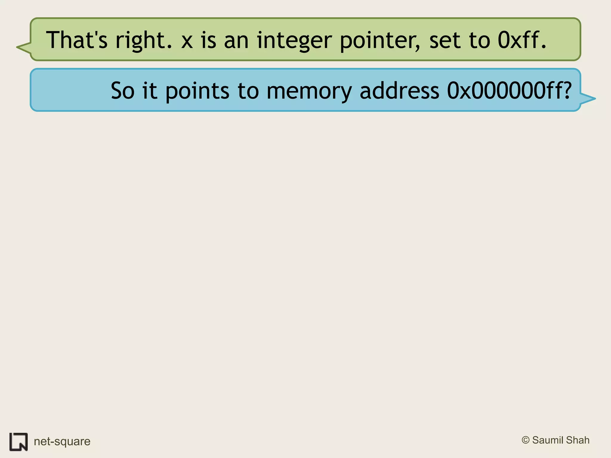 That's right. x is an integer pointer, set to 0xff.So it points to memory address 0x000000ff?
