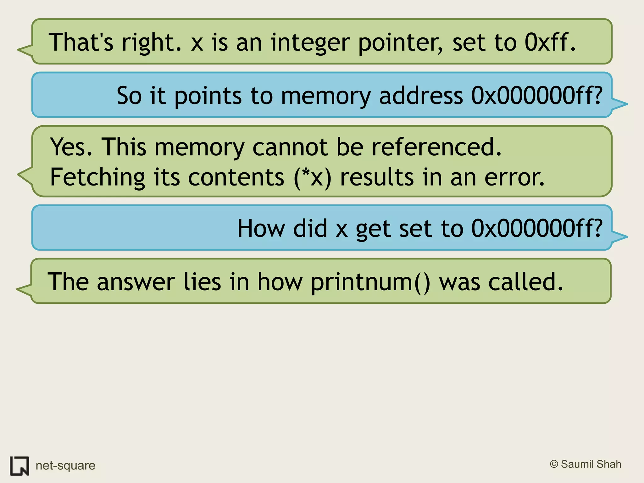 That's right. x is an integer pointer, set to 0xff.So it points to memory address 0x000000ff?Yes. This memory cannot be referenced. Fetching its contents (*x) results in an error.How did x get set to 0x000000ff?The answer lies in how printnum() was called.