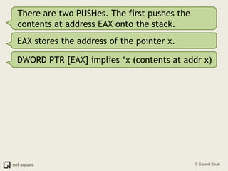 There are two PUSHes. The first pushes the contents at address EAX onto the stack.EAX stores the address of the pointer x.DWORD PTR [EAX] implies *x (contents at addr x)