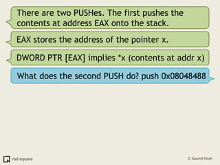 There are two PUSHes. The first pushes the contents at address EAX onto the stack.EAX stores the address of the pointer x.DWORD PTR [EAX] implies *x (contents at addr x)What does the second PUSH do? push 0x08048488