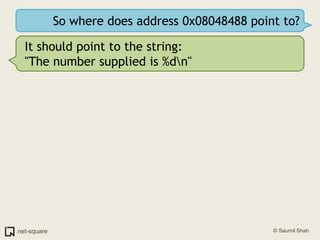 So where does address 0x08048488 point to?It should point to the string:"The number supplied is %d\n"