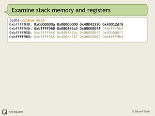 Examine stack memory and registers(gdb) x/16xw $esp0xbffff938: 0x0000000a 0x00000000 0x40042550 0x40012df80xbffff948: 0xbffff968 0x080483a3 0x000000ff 0xbffff9b40xbffff958: 0xbffff968 0x080483dc 0x000000ff 0x000000ff0xbffff968: 0xbffff988 0x4002e7f7 0x00000002 0xbffff9b4