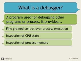 What is a debugger?A program used for debugging other programs or process. It provides...Fine grained control over process executionInspection of CPU stateInspection of process memory