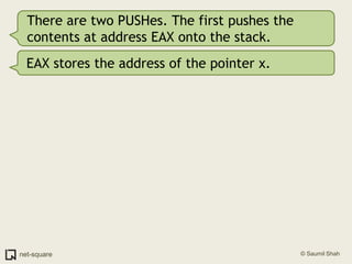 There are two PUSHes. The first pushes the contents at address EAX onto the stack.<br />EAX stores the address of the poin...