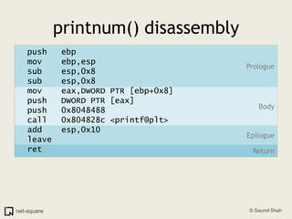 printnum() disassembly<br />Prologue<br />  push   ebp<br />  mov    ebp,esp<br />  sub    esp,0x8<br />  sub    esp,0x8<b...