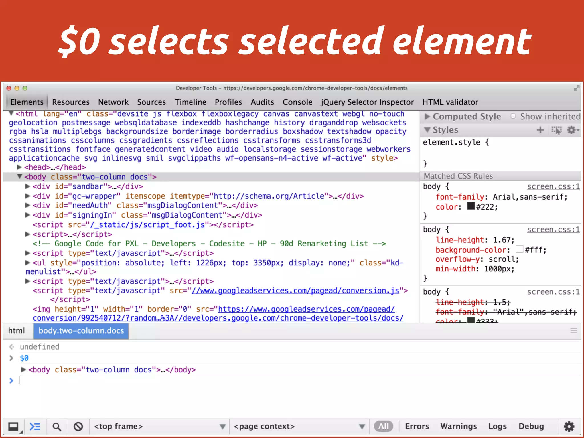 $0 selects selected element
 