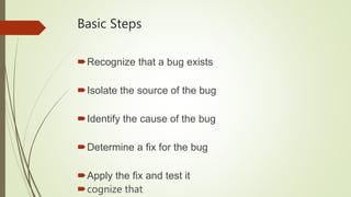 Basic Steps
Recognize that a bug exists
Isolate the source of the bug
Identify the cause of the bug
Determine a fix for the bug
Apply the fix and test it
cognize that
 