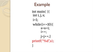 Example
int main( ){
int i, j, s;
i=1;
while(i<=10){
s=s+i;
i++;
j=j++;}
printf(“%d”,s);
}
 