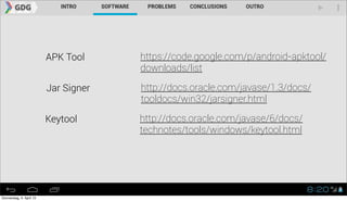 APK Tool     https://code.google.com/p/android-apktool/
                                       downloads/list

                          Jar Signer   http://docs.oracle.com/javase/1.3/docs/
                                       tooldocs/win32/jarsigner.html

                          Keytool      http://docs.oracle.com/javase/6/docs/
                                       technotes/tools/windows/keytool.html




Donnerstag, 4. April 13
 