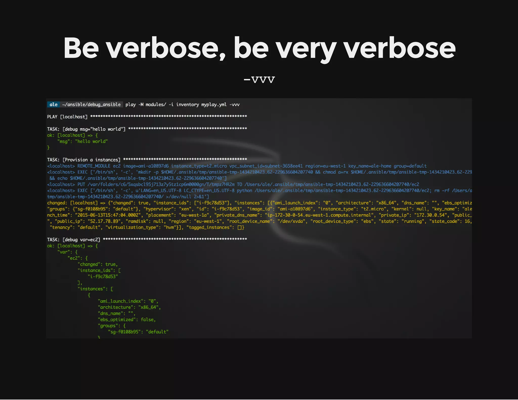 Be verbose, be very verbose
-vvv
 