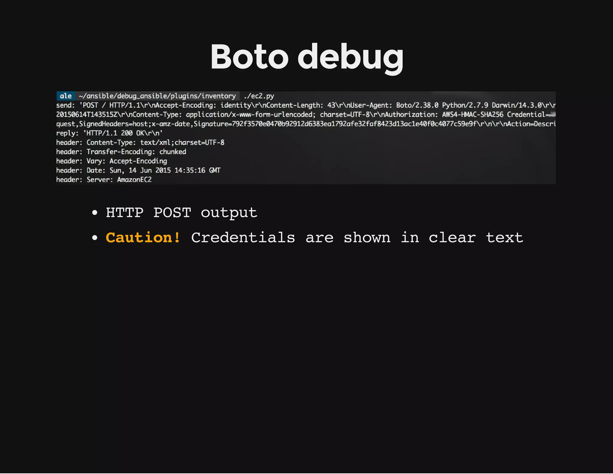Boto debug
HTTP POST output
Caution! Credentials are shown in clear text
 