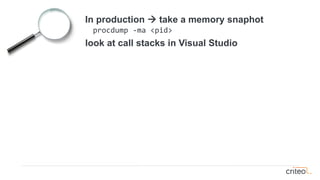 In production → take a memory snaphot
procdump -ma <pid>
look at call stacks in Visual Studio
 