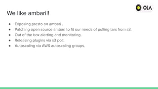 We like ambari!!
● Exposing presto on ambari .
● Patching open source ambari to ﬁt our needs of pulling tars from s3.
● Out of the box alerting and monitoring.
● Releasing plugins via s3 poll.
● Autoscaling via AWS autoscaling groups.
 