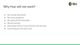 Why Hue will not work?
● No results download
● No query progress
● No query kill functionality
● Result caching
● Download limit on rows fetched and not size.
● Launching jvm for each user
 