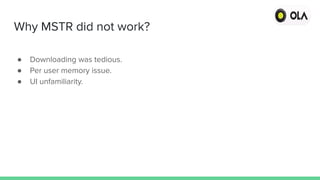 Why MSTR did not work?
● Downloading was tedious.
● Per user memory issue.
● UI unfamiliarity.
 