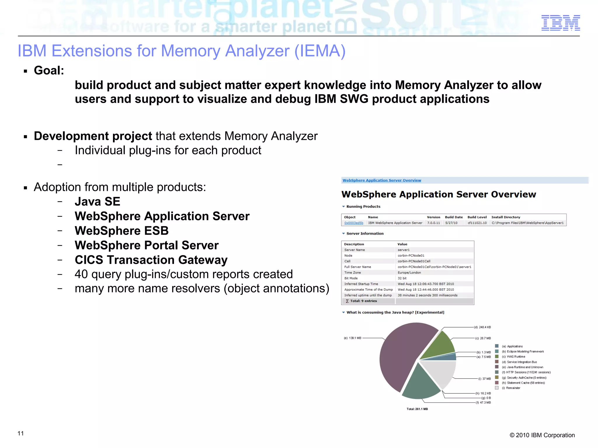 IBM Extensions for Memory Analyzer (IEMA) 
■ Goal: 
build product and subject matter expert knowledge into Memory Analyzer to allow 
users and support to visualize and debug IBM SWG product applications 
■ Development project that extends Memory Analyzer 
– Individual plug-ins for each product 
– 
■ Adoption from multiple products: 
– Java SE 
– WebSphere Application Server 
– WebSphere ESB 
– WebSphere Portal Server 
– CICS Transaction Gateway 
– 40 query plug-ins/custom reports created 
– many more name resolvers (object annotations) 
11 © 2010 IBM Corporation 
 