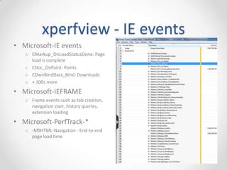 xperfview - Generic Events
• Events without associated
graphs show up in Generic
Events
• Look for Microsoft-IE* and
Microsoft-PerfTrack* events
 