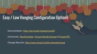 Easy / Low Hanging Configuration Options
Documentation: https://api.drupal.org/api/drupal/8
Community: StackOverflow, Drup...