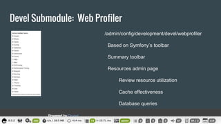 Devel Submodule: Web Profiler
/admin/config/development/devel/webprofiler
Based on Symfony’s toolbar
Summary toolbar
Resou...