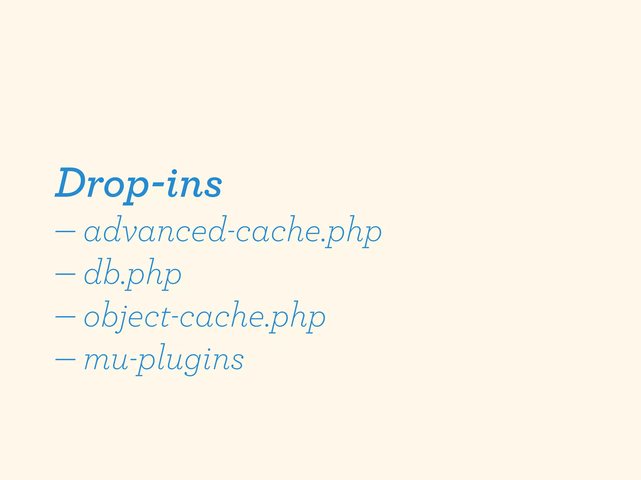 Drop-ins
— advanced-cache.php
— db.php
— object-cache.php
— mu-plugins
 