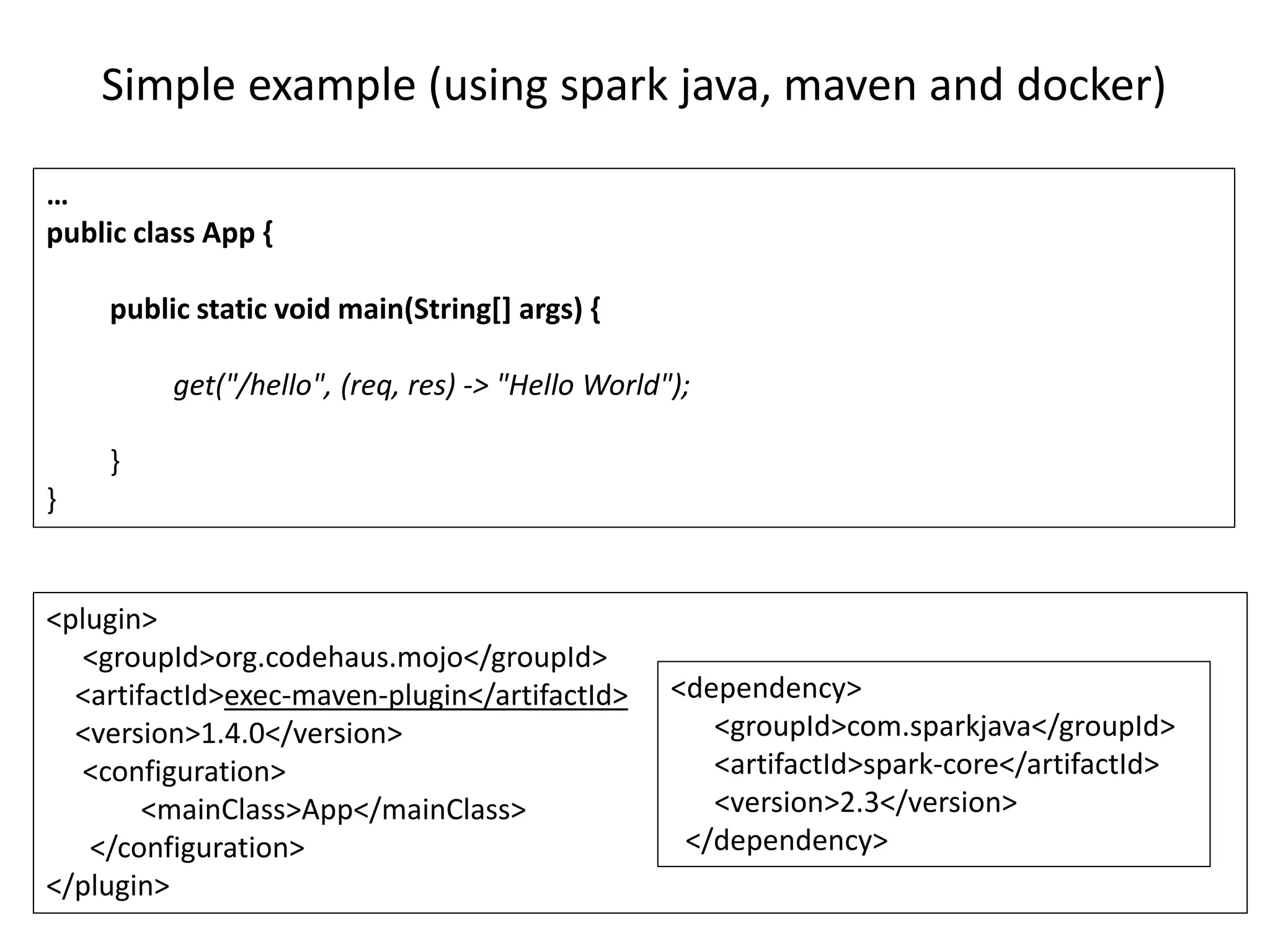 Simple example (using spark java, maven and docker)
…
public class App {
public static void main(String[] args) {
get("/hello", (req, res) -> "Hello World");
}
}
<plugin>
<groupId>org.codehaus.mojo</groupId>
<artifactId>exec-maven-plugin</artifactId>
<version>1.4.0</version>
<configuration>
<mainClass>App</mainClass>
</configuration>
</plugin>
<dependency>
<groupId>com.sparkjava</groupId>
<artifactId>spark-core</artifactId>
<version>2.3</version>
</dependency>
 