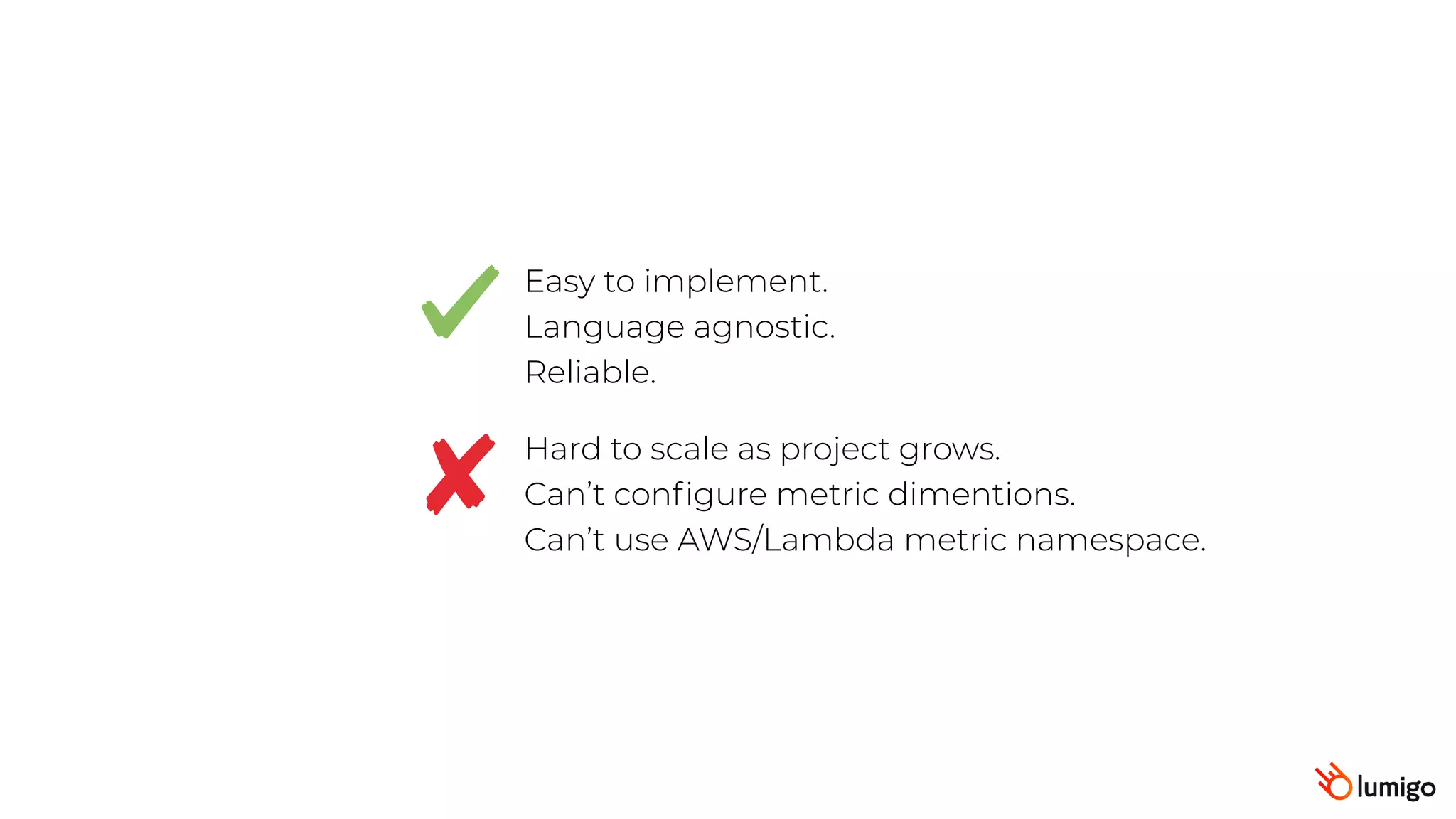 Easy to implement.
Language agnostic.
Reliable.
Hard to scale as project grows.
Can’t conﬁgure metric dimentions.
Can’t use AWS/Lambda metric namespace.
 