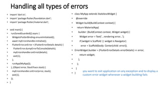 Handling all types of errors
• import 'dart:io';
• import 'package:flutter/foundation.dart';
• import 'package:flutter/mat...