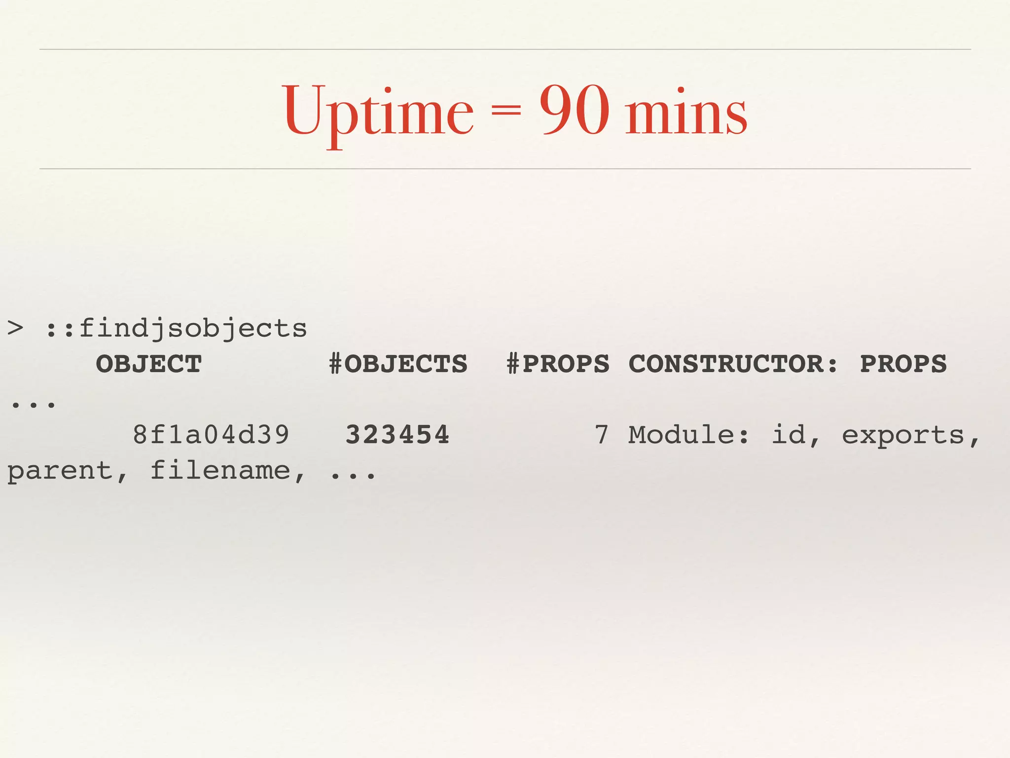 Uptime = 90 mins
> ::findjsobjects
OBJECT #OBJECTS #PROPS CONSTRUCTOR: PROPS
...
8f1a04d39 323454 7 Module: id, exports,
parent, filename, ...
 