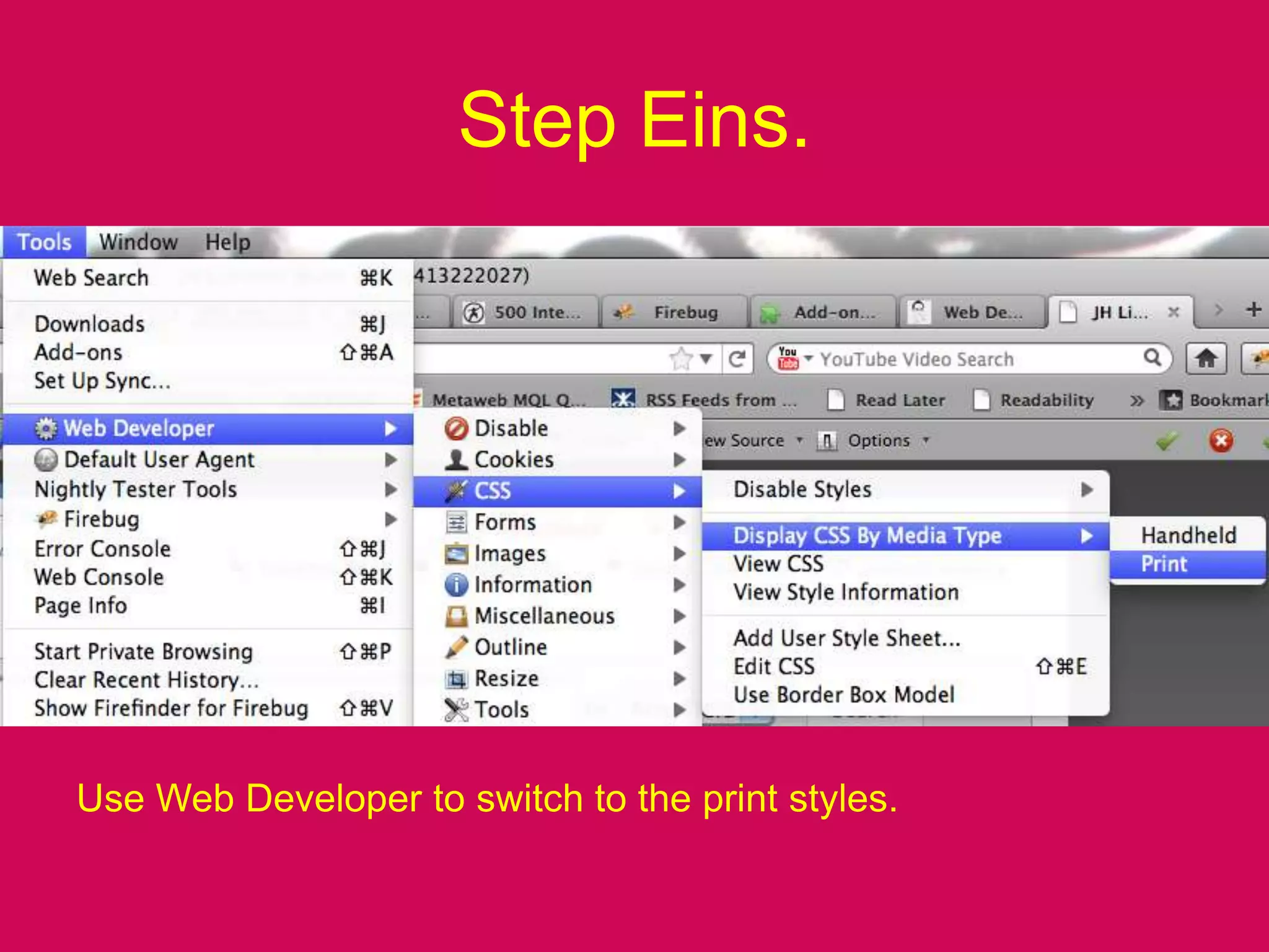 Step Eins.Use Web Developer to switch to the print styles.