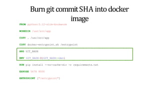 Burngit commitSHA intodocker
image
FROM python:3.12-slim-bookworm
WORKDIR /usr/src/app
COPY . /usr/src/app
COPY docker-entrypoint.sh /entrypoint
ARG GIT_HASH
ENV GIT_HASH=${GIT_HASH:-dev}
RUN pip install --no-cache-dir -r requirements.txt
EXPOSE 5678 8000
ENTRYPOINT ["/entrypoint"]
 