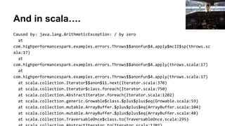 And in scala….
Caused by: java.lang.ArithmeticException: / by zero
at
com.highperformancespark.examples.errors.Throws$$anonfun$4.apply$mcII$sp(throws.sc
ala:17)
at
com.highperformancespark.examples.errors.Throws$$anonfun$4.apply(throws.scala:17)
at
com.highperformancespark.examples.errors.Throws$$anonfun$4.apply(throws.scala:17)
at scala.collection.Iterator$$anon$11.next(Iterator.scala:370)
at scala.collection.Iterator$class.foreach(Iterator.scala:750)
at scala.collection.AbstractIterator.foreach(Iterator.scala:1202)
at scala.collection.generic.Growable$class.$plus$plus$eq(Growable.scala:59)
at scala.collection.mutable.ArrayBuffer.$plus$plus$eq(ArrayBuffer.scala:104)
at scala.collection.mutable.ArrayBuffer.$plus$plus$eq(ArrayBuffer.scala:48)
at scala.collection.TraversableOnce$class.to(TraversableOnce.scala:295)
 