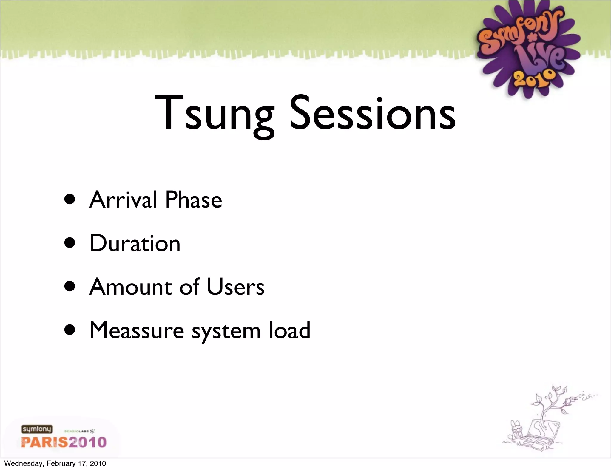 Tsung Sessions
               • Arrival Phase
               • Duration
               • Amount of Users
               • Meassure system load

Wednesday, February 17, 2010
 
