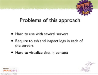 Problems of this approach

                 • Hard to use with several servers
                 • Require to ssh and inspect logs in each of
                        the servers
                 • Hard to visualize data in context

Wednesday, February 17, 2010
 