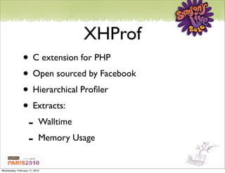 XHProf
               • C extension for PHP
               • Open sourced by Facebook
               • Hierarchical Proﬁler
               • Extracts:
                - Walltime
                - Memory Usage
Wednesday, February 17, 2010
 