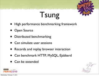 Tsung
               •       High performance benchmarking framework

               •       Open Source

               •       Distributed benchmarking

               •       Can simulate user sessions

               •       Records and replay browser interaction

               •       Can benchmark HTTP, MySQL, Ejabberd

               •       Can be extended


Wednesday, February 17, 2010
 