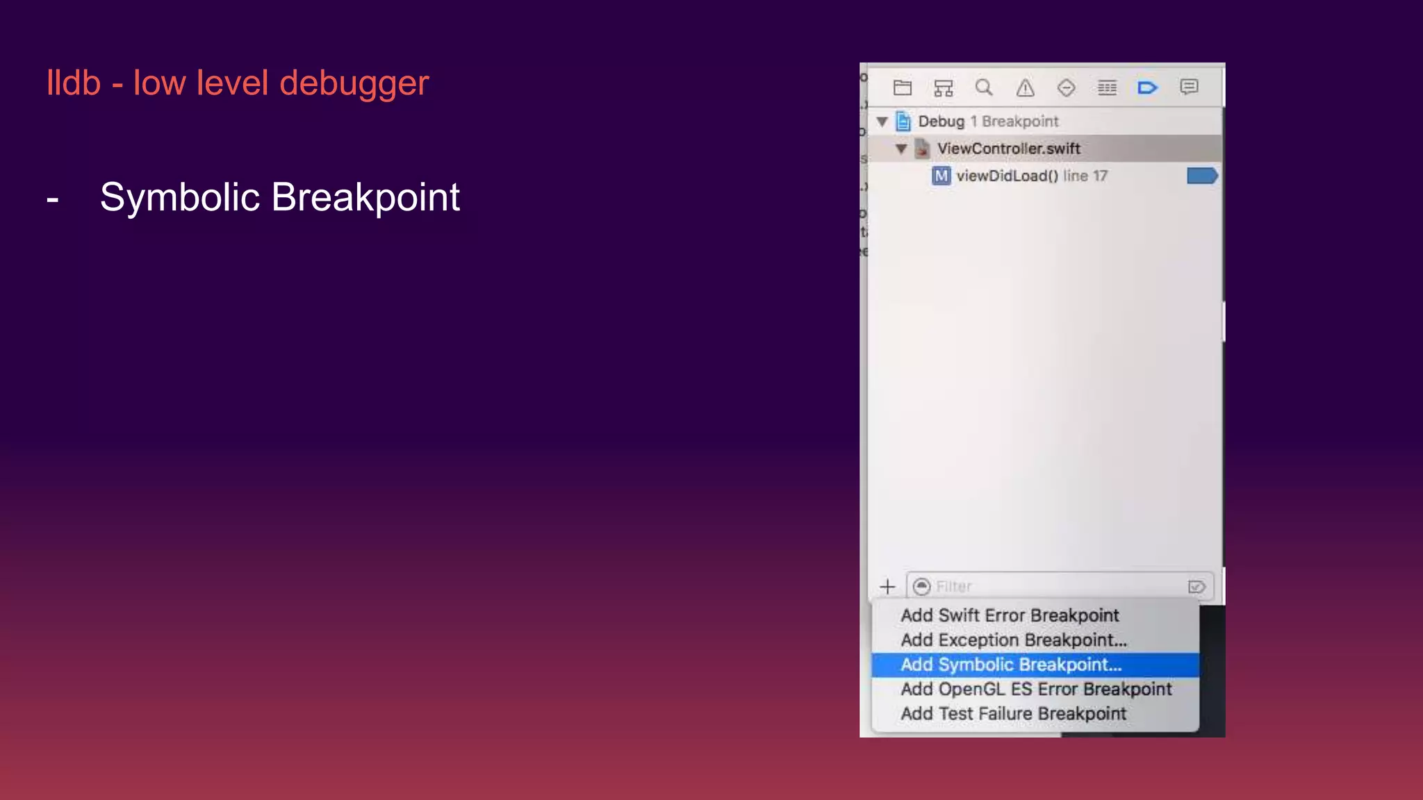 lldb - low level debugger
- Symbolic Breakpoint
 