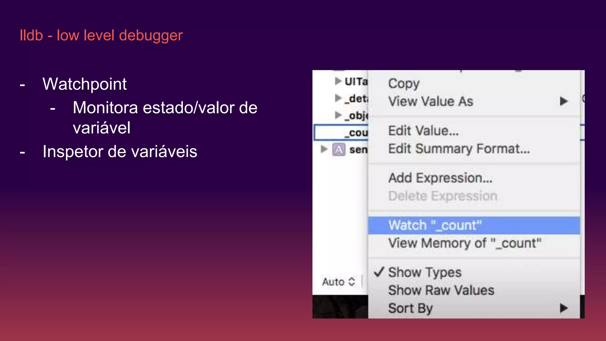 lldb - low level debugger
- Watchpoint
- Monitora estado/valor de
variável
- Inspetor de variáveis
 