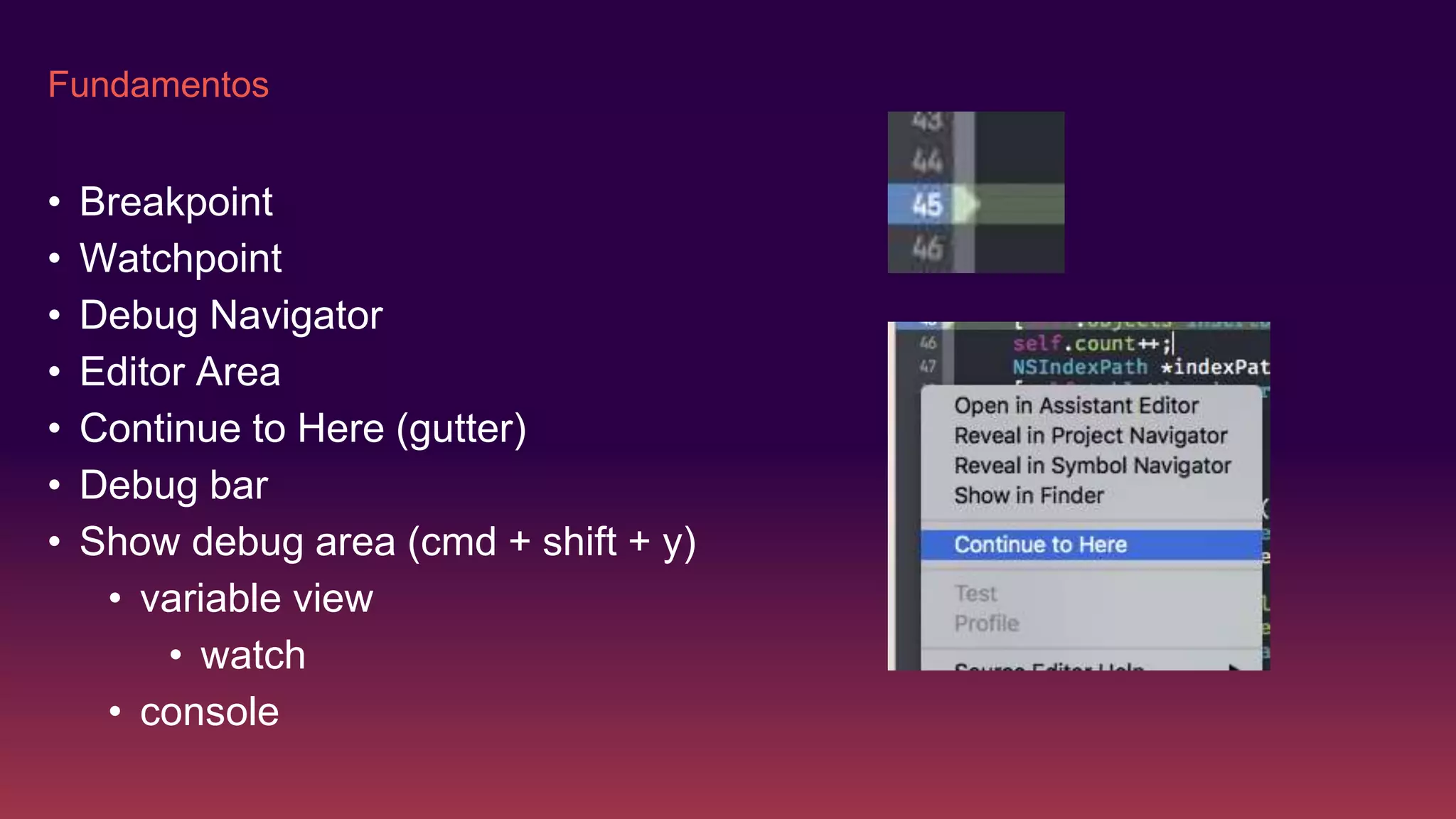 Fundamentos
• Breakpoint
• Watchpoint
• Debug Navigator
• Editor Area
• Continue to Here (gutter)
• Debug bar
• Show debug area (cmd + shift + y)
• variable view
• watch
• console
 