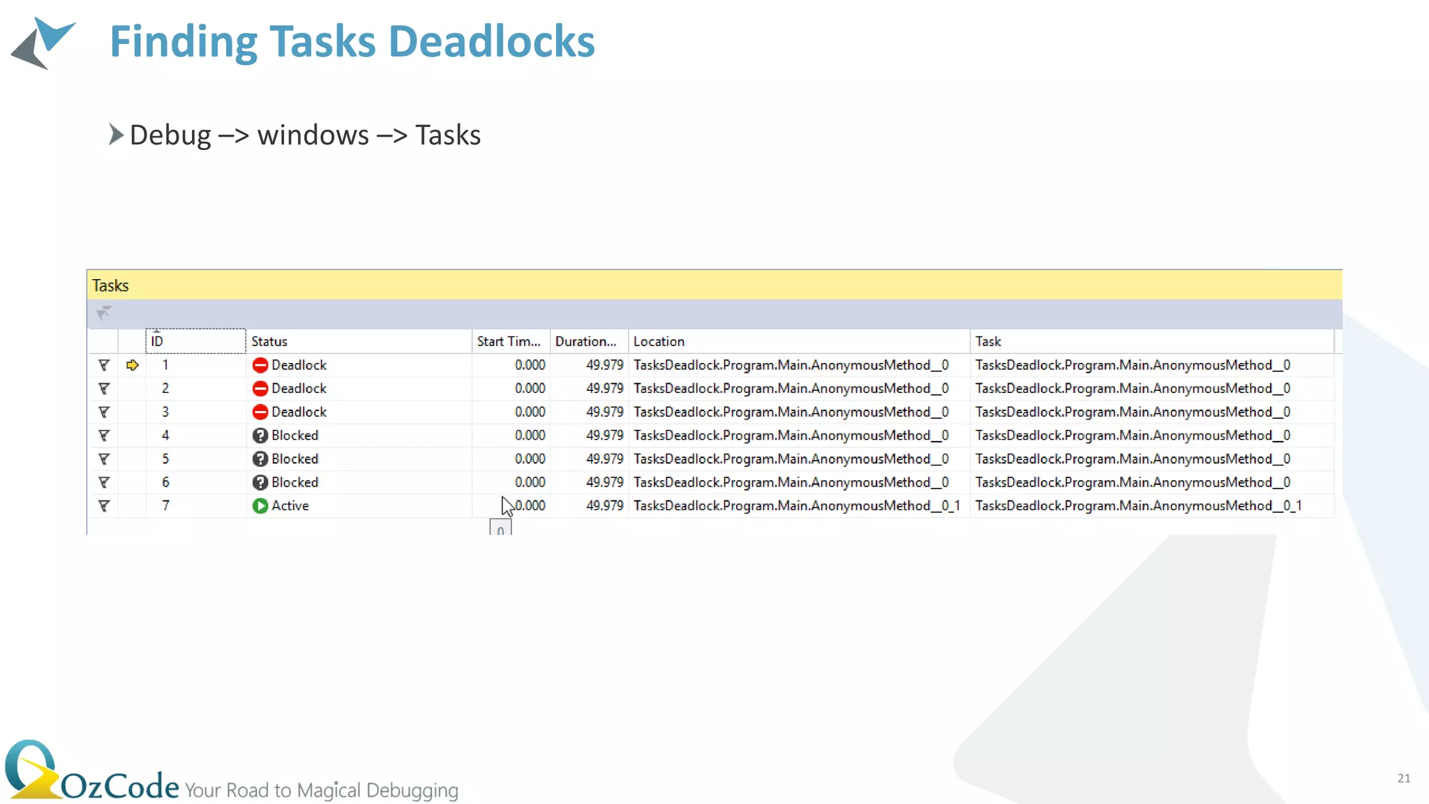 Finding Tasks Deadlocks
Debug –> windows –> Tasks
21
 