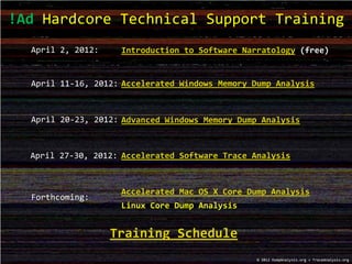 !Ad Hardcore Technical Support Training
© 2012 DumpAnalysis.org + TraceAnalysis.org
Advanced Windows Memory Dump Analysis
Accelerated Windows Memory Dump AnalysisApril 11-16, 2012:
April 20-23, 2012:
Training Schedule
Accelerated Software Trace AnalysisApril 27-30, 2012:
Accelerated Mac OS X Core Dump Analysis
Forthcoming:
Linux Core Dump Analysis
Introduction to Software Narratology (free)April 2, 2012:
 