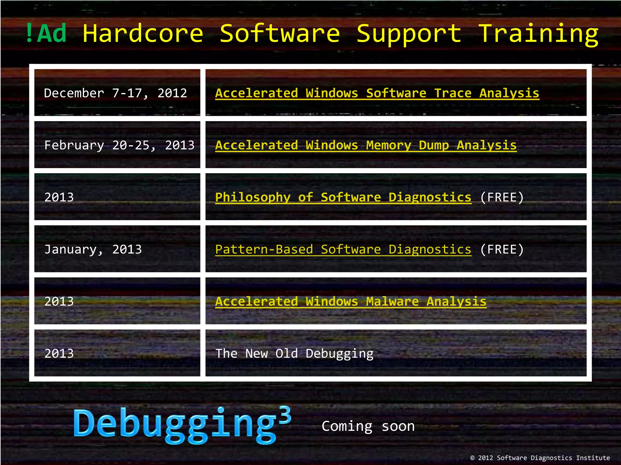!Ad Hardcore Software Support Training
December 7-17, 2012 Accelerated Windows Software Trace Analysis
February 20-25, 2013 Accelerated Windows Memory Dump Analysis
2013 Philosophy of Software Diagnostics (FREE)
January, 2013 Pattern-Based Software Diagnostics (FREE)
2013 Accelerated Windows Malware Analysis
2013 The New Old Debugging
© 2012 Software Diagnostics Institute
Coming soon
 