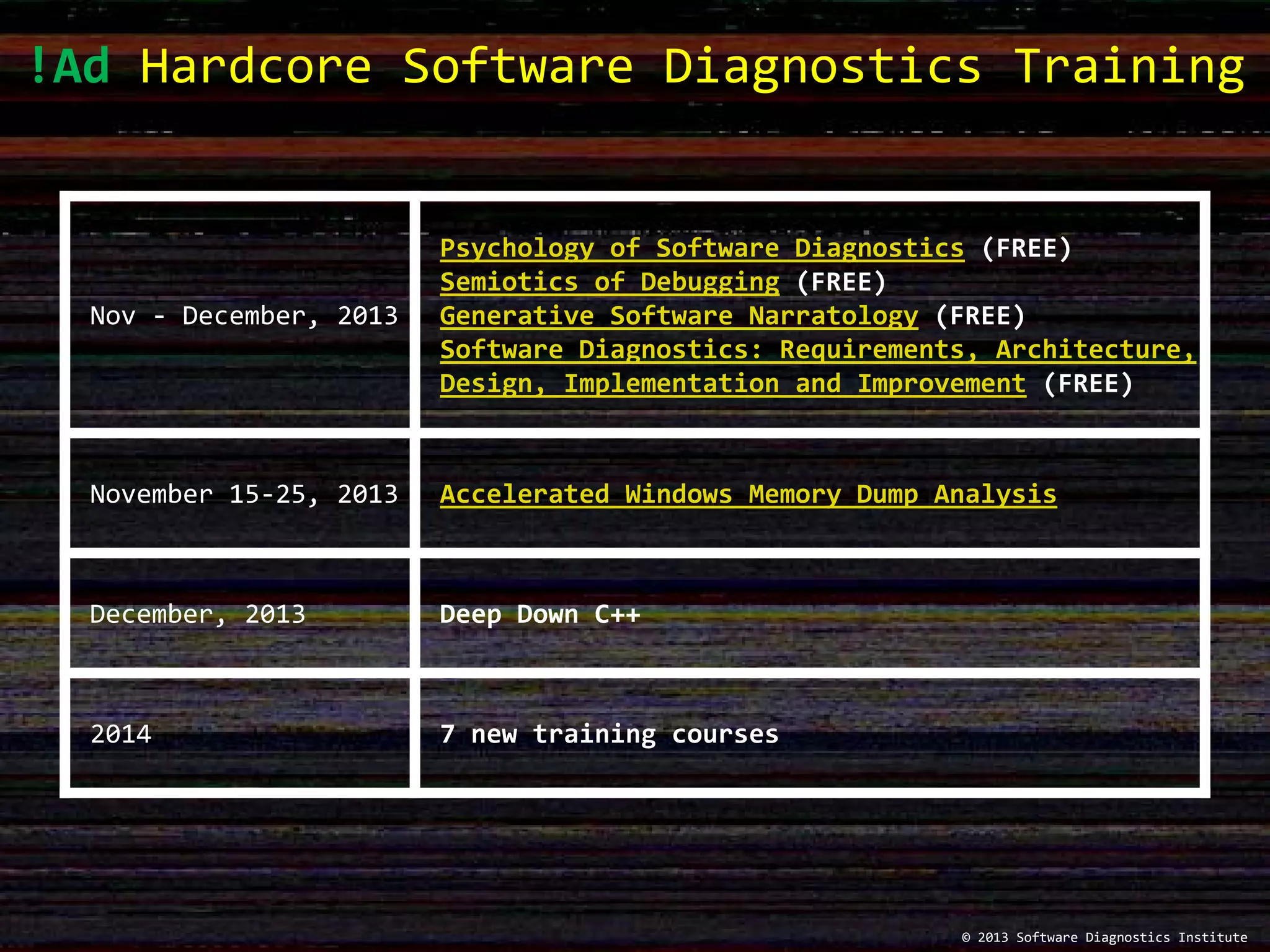 !Ad Hardcore Software Diagnostics Training
Nov - December, 2013
Psychology of Software Diagnostics (FREE)
Semiotics of Debugging (FREE)
Generative Software Narratology (FREE)
Software Diagnostics: Requirements, Architecture,
Design, Implementation and Improvement (FREE)
November 15-25, 2013 Accelerated Windows Memory Dump Analysis
December, 2013 Deep Down C++
2014 7 new training courses
© 2013 Software Diagnostics Institute
 