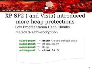 XP SP2 ( and Vista) introduced more heap protections Low Fragmentation Heap Chunks: metadata semi-encryption subsegment  =  chunk ->subsegmentcode subsegment  ^= RtlpLFHKey subsegment  ^= Heap subsegment  ^=  chunk >> 3  